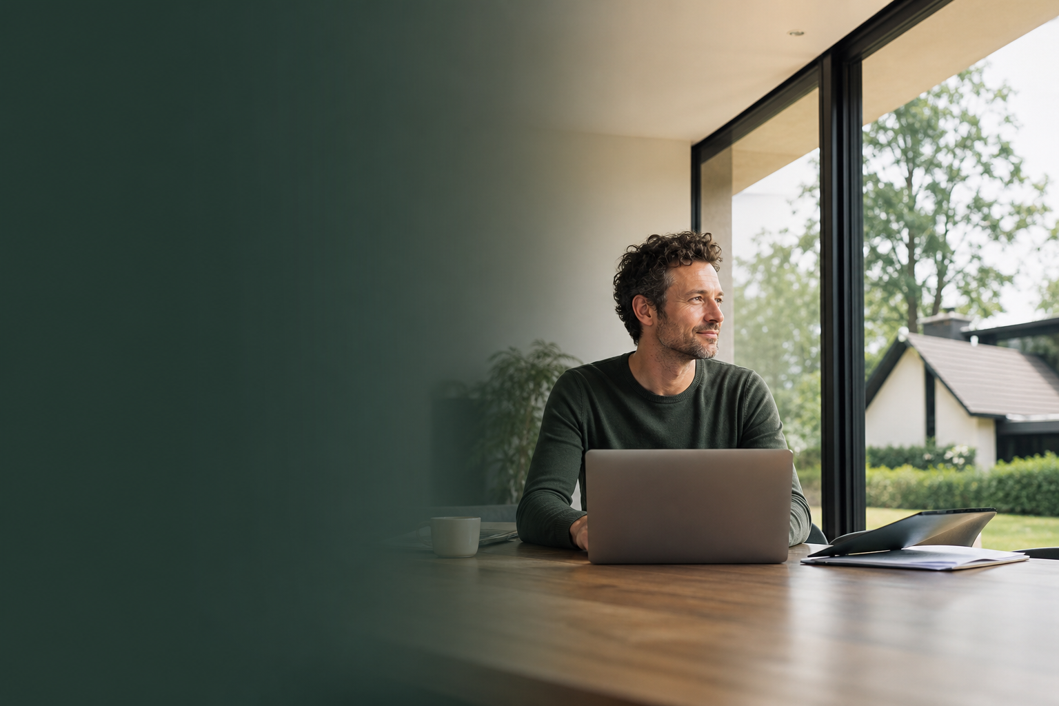 Huiseigenaar aan de eettafel met laptop, met zicht op de tuin en de buurt